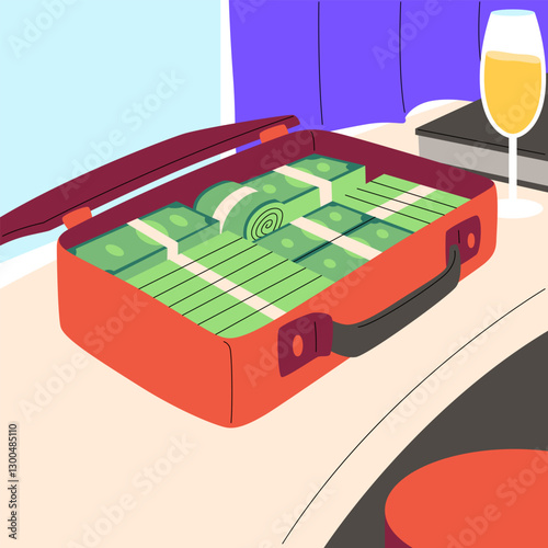 A red suitcase with a pile of money in it