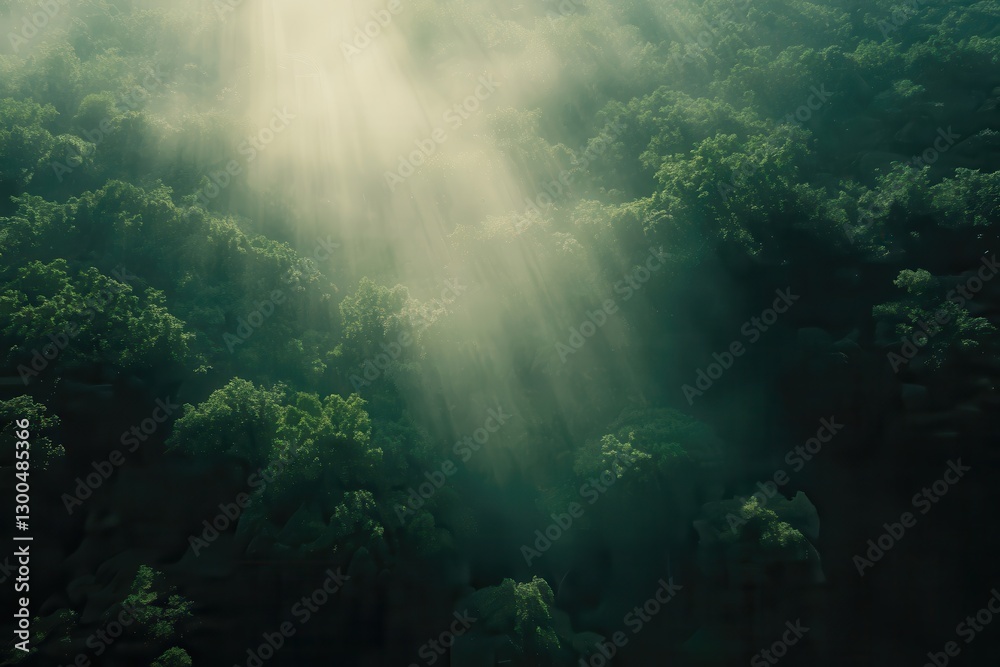 Obraz premium Sunlight beams shining through dense forest canopy creating a serene nature landscape, showcasing tranquility and natural beauty in vibrant greenery.