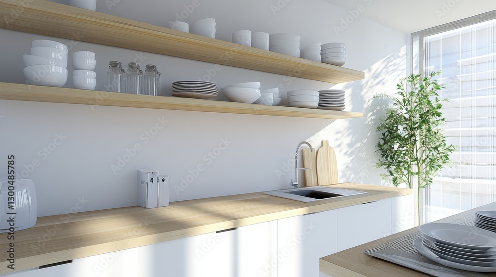 Bright Minimalist Kitchen with Open Shelves and Light Wood Bright Minimalist Kitchen with Open Shelves and Light Wood