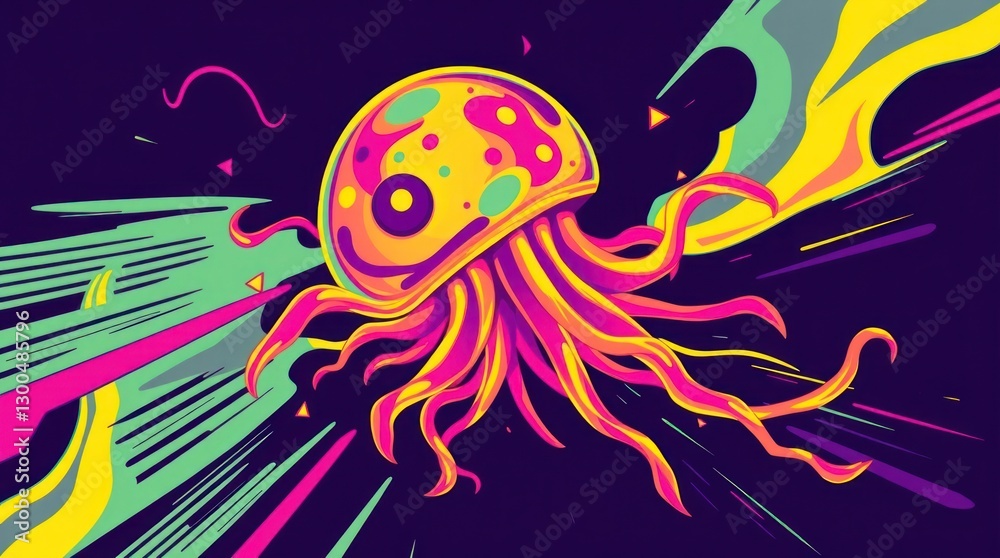 Vibrant Jellyfish Illustration with Dynamic Lines and Modern Graphic Style