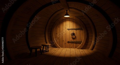 Charming Wooden Hobbit Door in Cozy Burrow Interior with Warm Lighting