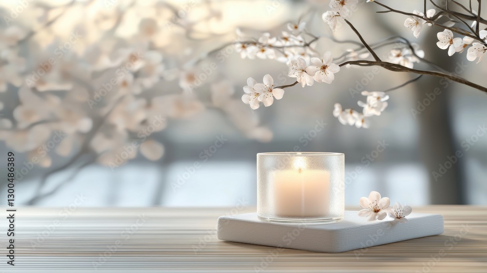 Serene candle on wooden surface surrounded by delicate cherry blossoms. Soft, calming ambiance for relaxation. Serene candle on wooden surface surrounded by delicate cherry blossoms. Soft, calming ambiance for relaxation.