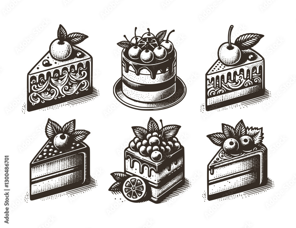 Sketch Tattoo Style Vector Set Of Cak Slics And Whole Cake With Berries, Cream, And Decorative Elements.