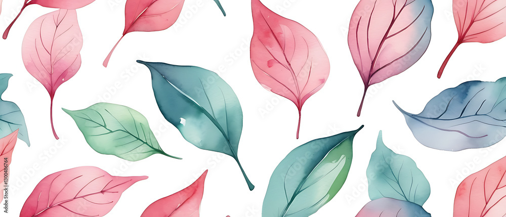 Obraz premium Watercolor Leaves Pattern with Pink and Teal Shades on White Background