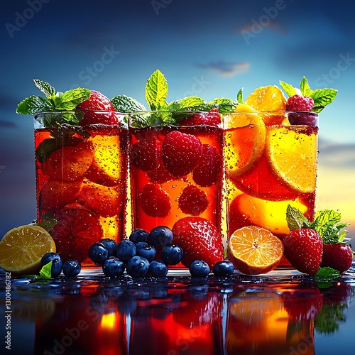 Drinks with fruit at sunset