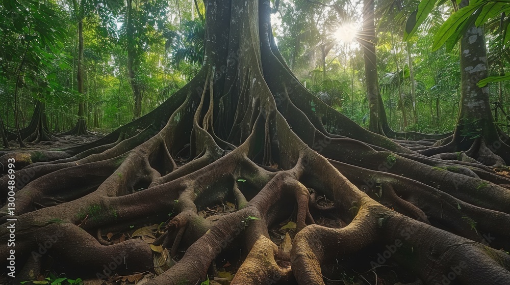 Fototapeta premium Majestic Tree Roots Surrounded by Lush Greenery and Sunlight in a Dense Forest Setting