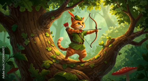 Cartoon Cat Archer Aiming Bow and Arrow in Green Forest