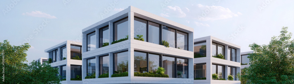 Modern floating building concept with large windows and greenery Modern floating building concept with large windows and greenery