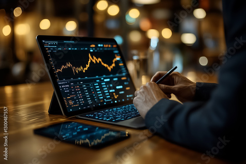 In a contemporary workspace, a business professional in a tailored suit studies stock charts on a tablet. The ambient lighting enhances focus on market trends and data analysis