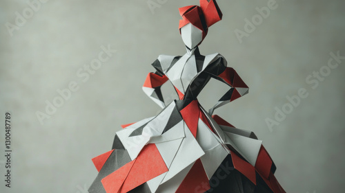 Theatrical card-themed performer in a red suit against a geometric white backdrop