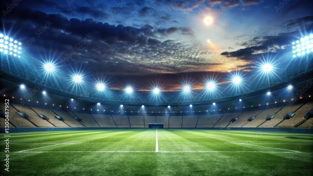 Darkened stadium with floodlights casting a bright glow over the field at night, nighttime athletics , evening glow Darkened stadium with floodlights casting a bright glow over the field at night, nighttime athletics , evening glow