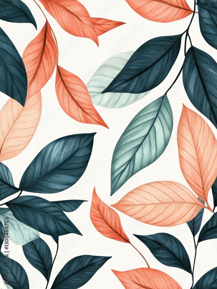 Fototapeta premium Botanical hand drawn background. Leaf line art watercolor wallpaper with green, pink leaves and branches. Warm tone design for banner, prints, wall art, fabric and home decor.