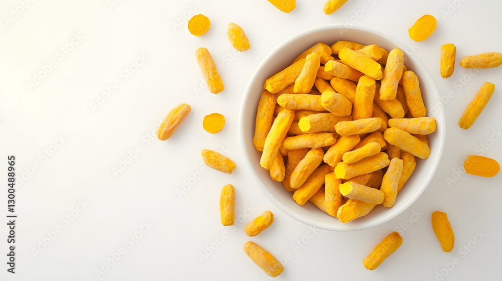 Turmeric Fingers in Bowl Vibrant Yellow Spice, Top View