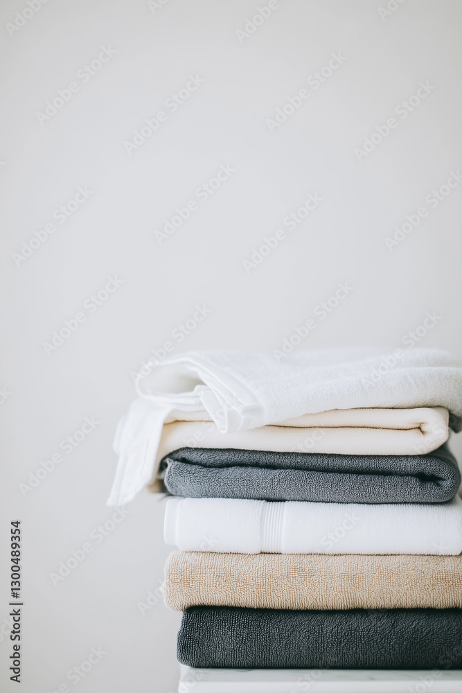 Softly folded towels in white, beige, and gray. Ideal for home and lifestyle visuals. Softly folded towels in white, beige, and gray. Ideal for home and lifestyle visuals.