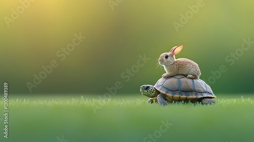 A classic tortoise and hare reimagining, where a serene rabbit rides atop a patient turtle, showcasing friendship and the beauty of slow travel. photo