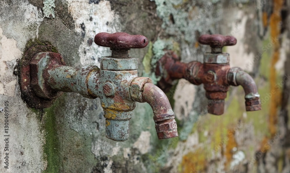 Rusty taps on weathered concrete wall showing age. Rusty taps on weathered concrete wall showing age.