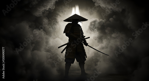 Samurai Warrior Silhouette with Sword and Armor in Smoky Ambiance