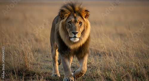 Majestic Lion Walking Through Tall Grass in African Savanna