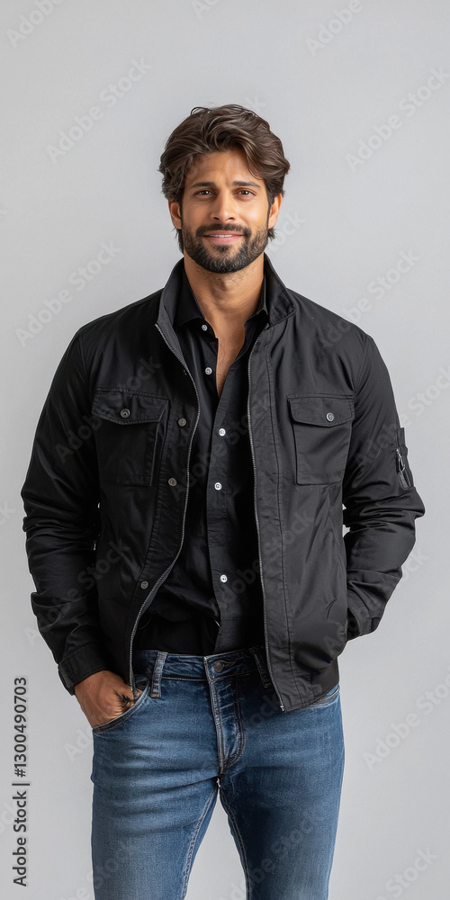 Fototapeta premium young handsome man wearing black coach standing on white background
