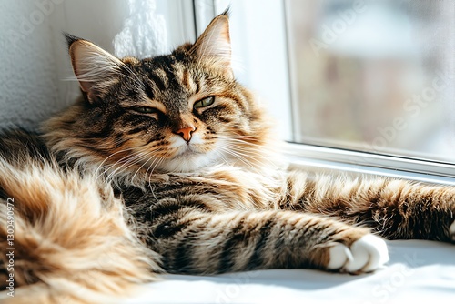 Relaxed Cat Lounging on a Windowsill, Enjoying Sunlight and Contentment