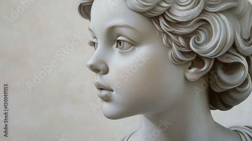 A classical bust of a young woman, delicate curls framing the face, smooth polished marble surface