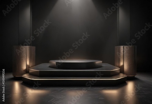 Dark sleek podium with metallic finish and LED lights,  light effects, futuristic photo