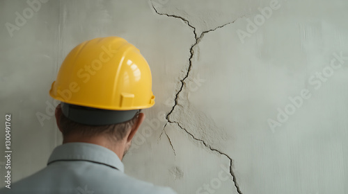 Structural damage assessment by inspector. A building professional examines cracks in a wall, assessing the structural integrity of the building. photo