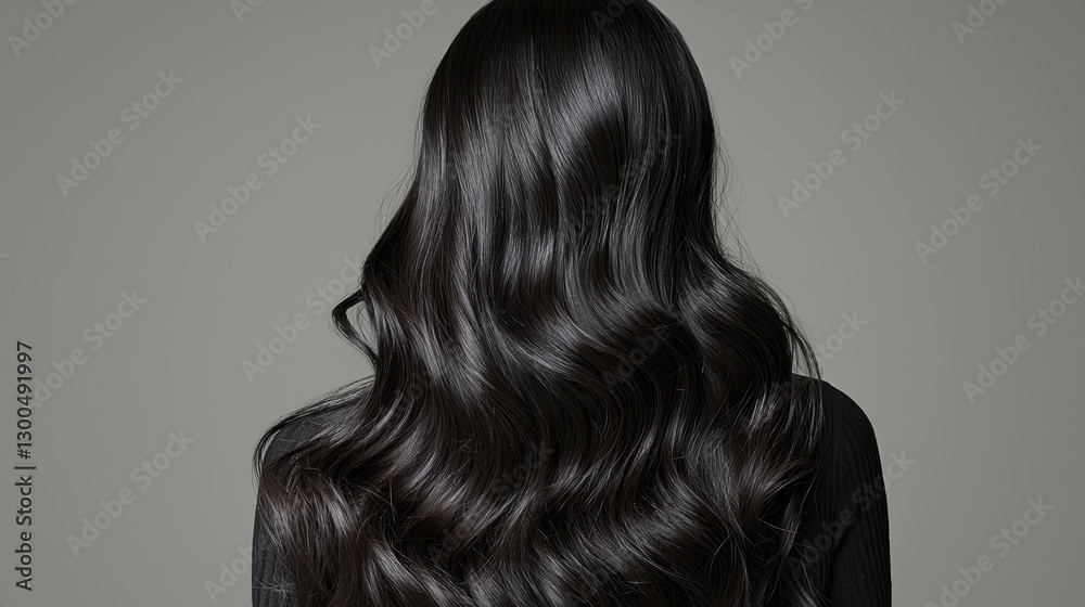 Fototapeta premium A woman with long, glossy black hair showcases stylish waves, presenting a contemporary beauty aesthetic against a simple, smooth backdrop. The focus is on hair texture and style