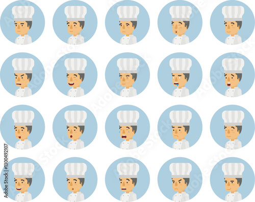 Vector young adult man avatars and emoticons set in flat style, side view.