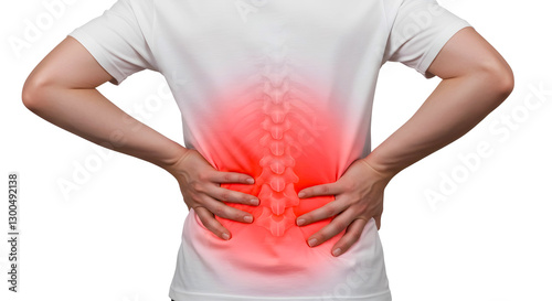 back pain with red inflammation, hands touching lower back, health issue, physical discomfort, spine injury, posture problem, isolated on white background, high-quality healthcare visualization.
