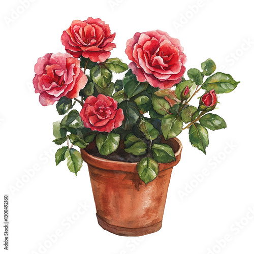 Wallpaper Mural This watercolor painting depicts a potted rose bush with bright red blooms and lush green leaves. Torontodigital.ca
