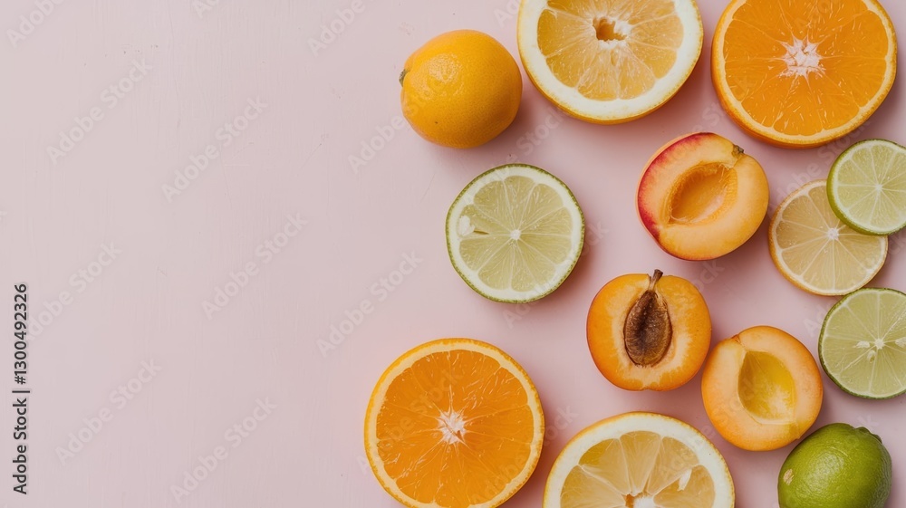  Fresh slices of citrus and ripe apricots are artfully arranged