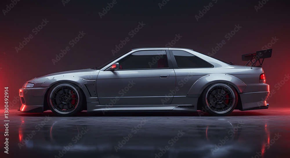 Sleek Silver Sports Car Side View with Aggressive Body Kit and Spoiler Sleek Silver Sports Car Side View with Aggressive Body Kit and Spoiler