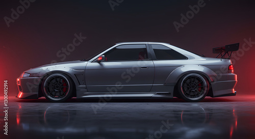 Sleek Silver Sports Car Side View with Aggressive Body Kit and Spoiler