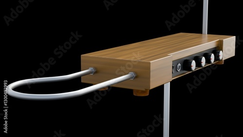 a 3D rendering of a theremin in natural wood, a unique electronic musical instrument played without physical contact. photo