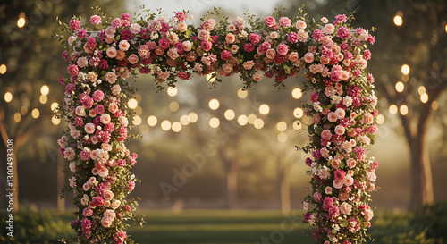 Floral Wedding Arch Decorated with Pink Roses and String Lights in Garden