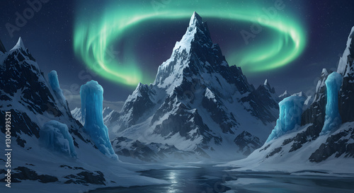 Snowy Mountain Landscape with Aurora Borealis and Frozen Lake Scenery