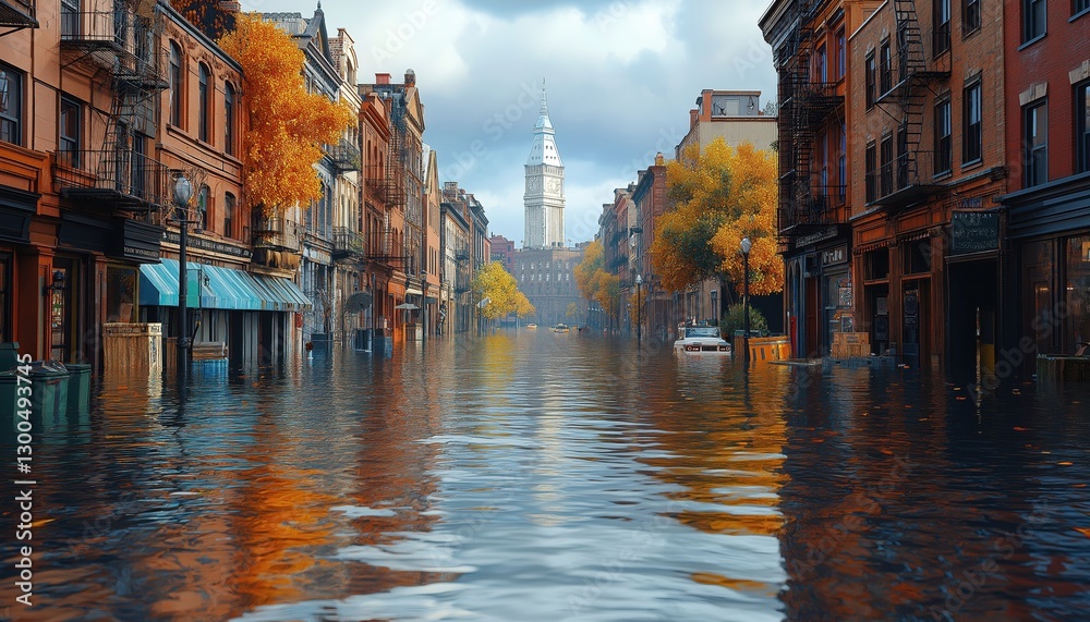 Fototapeta premium Waterlogged City Street Aftermath Urban Flooding and Autumn Storm Damage Scene