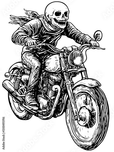 Vector engraved illustration of a skeleton riding a motorcycle in a dynamic and adventurous manner