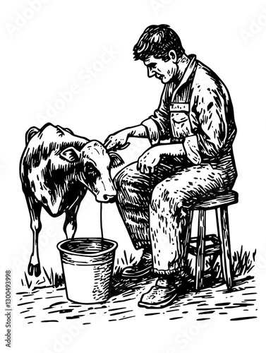 Milking a cow with traditional methods in a rural setting during the day