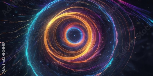 Iridescent, swirling vortex of colorful, glowing particles embedded in a complex, intricate mesh pattern, pattern, vortex