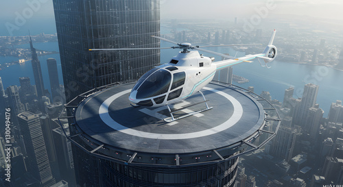 Helicopter on Skyscraper Helipad with Cityscape View and Water Background