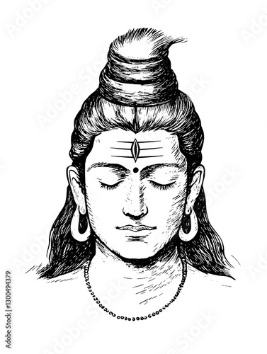 Intricate vector engraving of a serene figure with closed eyes and a meditative expression, representing peace and spirituality