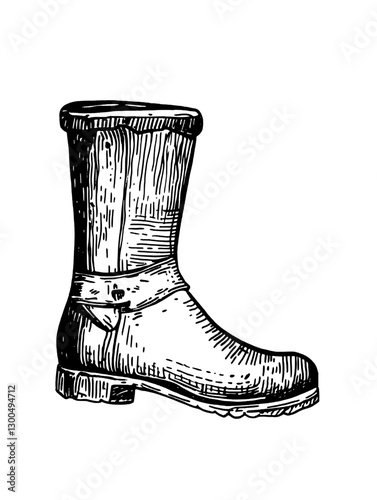 Detailed vector engraving of a vintage rubber boot designed for outdoor activities and farming purposes