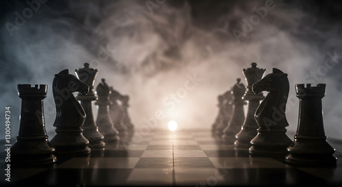 Dramatic Chess Game Setup with Smoke and Strategic Battle Theme