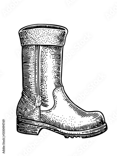 Detailed vector engraved illustration of a rugged boot designed for outdoor activities in varying terrains