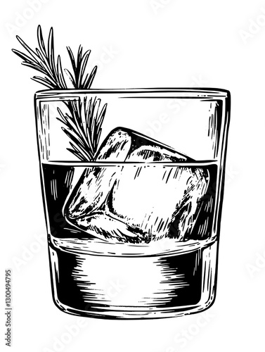 Engraved vector illustration of a glass with whiskey, ice, and a sprig of rosemary