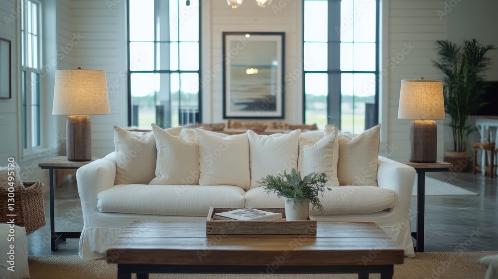 Fototapeta premium Cozy Living Room with Slipcovered Sofa and Warm Lighting