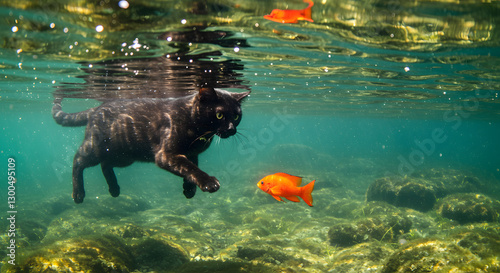 Black Cat Swimming Underwater Chasing Goldfish in Clear Ocean Water