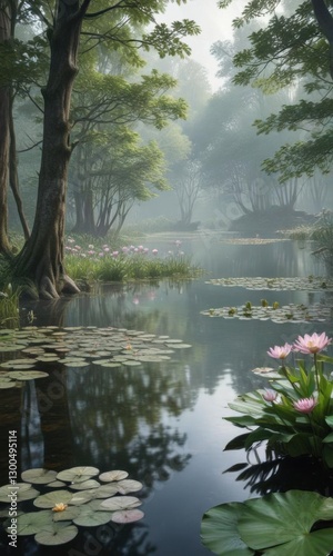 Misty forest landscape with a tranquil lake and water lily flowers,  art,  calm,  foliage
